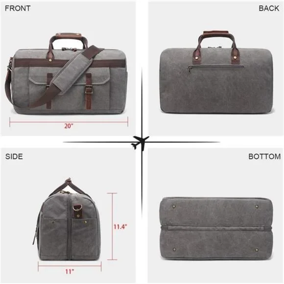 Duffle Bag for Men Waterproof Genuine Leather Canvas Travel Duffel Bags, Grey